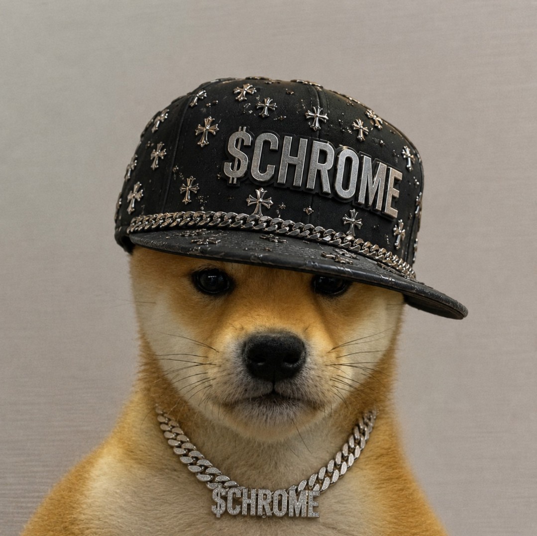 Shiba wearing a black cross-studded cap with a $CHROME chain