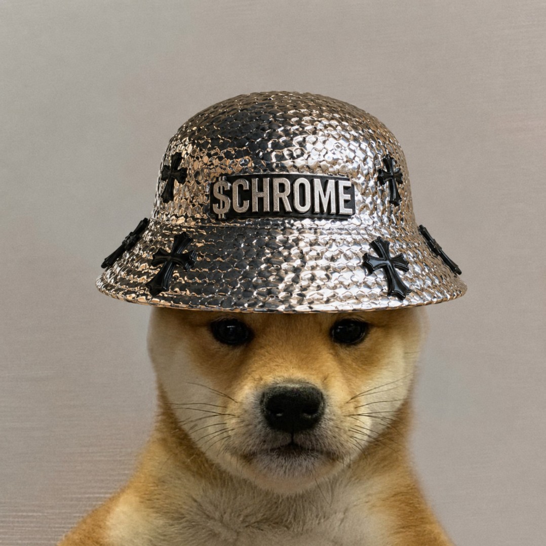 Shiba wearing a chrome bucket hat with $CHROME lettering and a silver chain