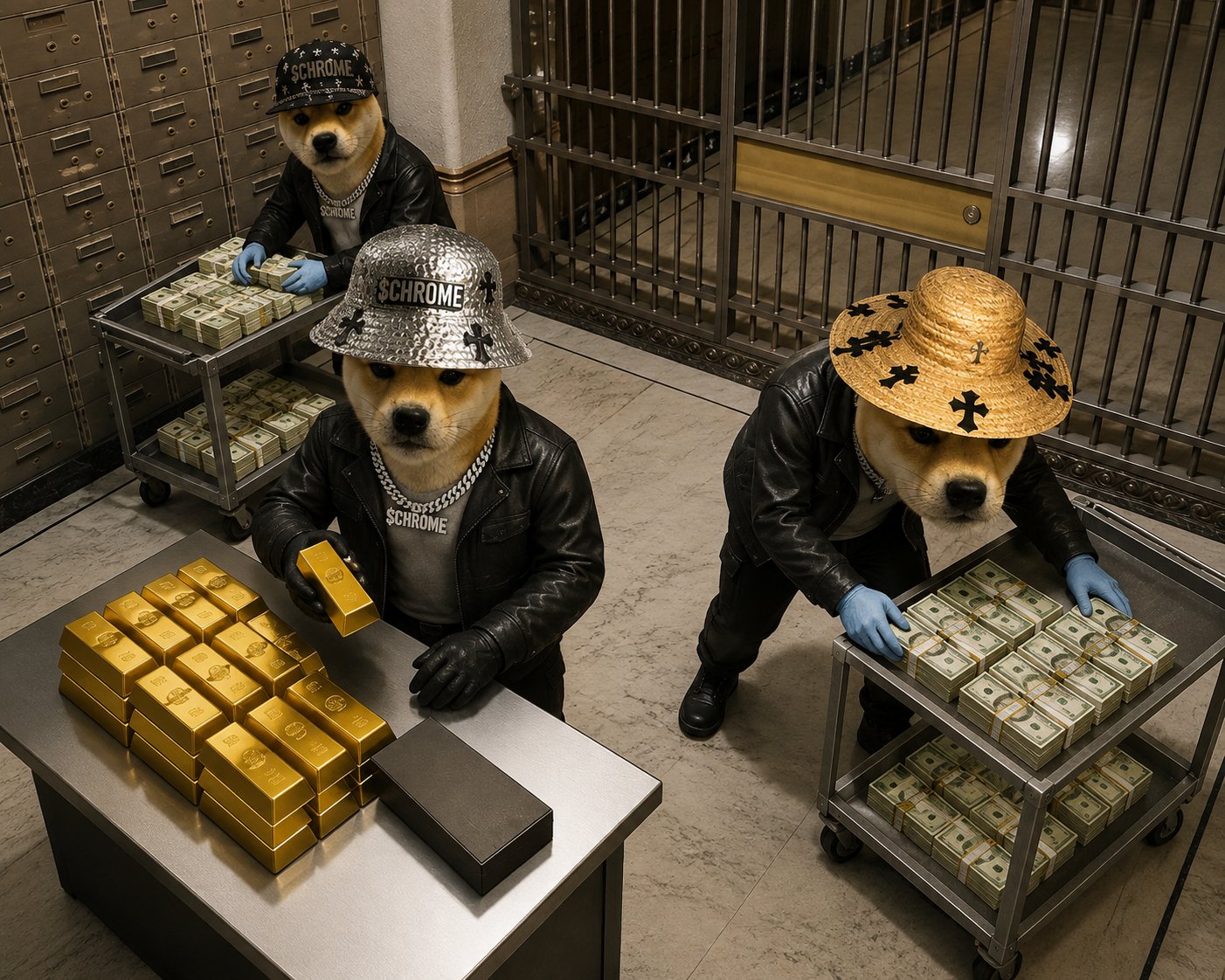 Chrome dogs in a bank vault heist scene, loading gold bars and cash