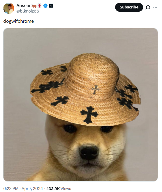 Ansem's tweet captioned 'dogwifchrome' showing a Shiba Inu wearing his straw hat with cross patches