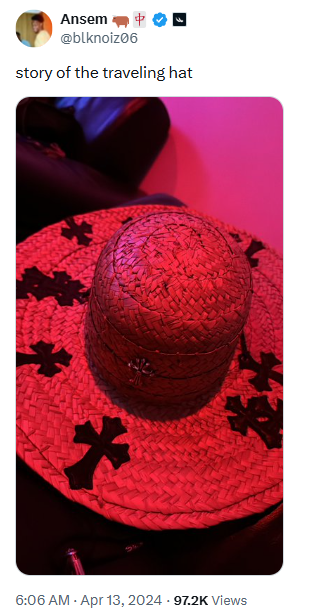 Ansem's tweet captioned 'story of the traveling hat' showing the hat glowing red at a party